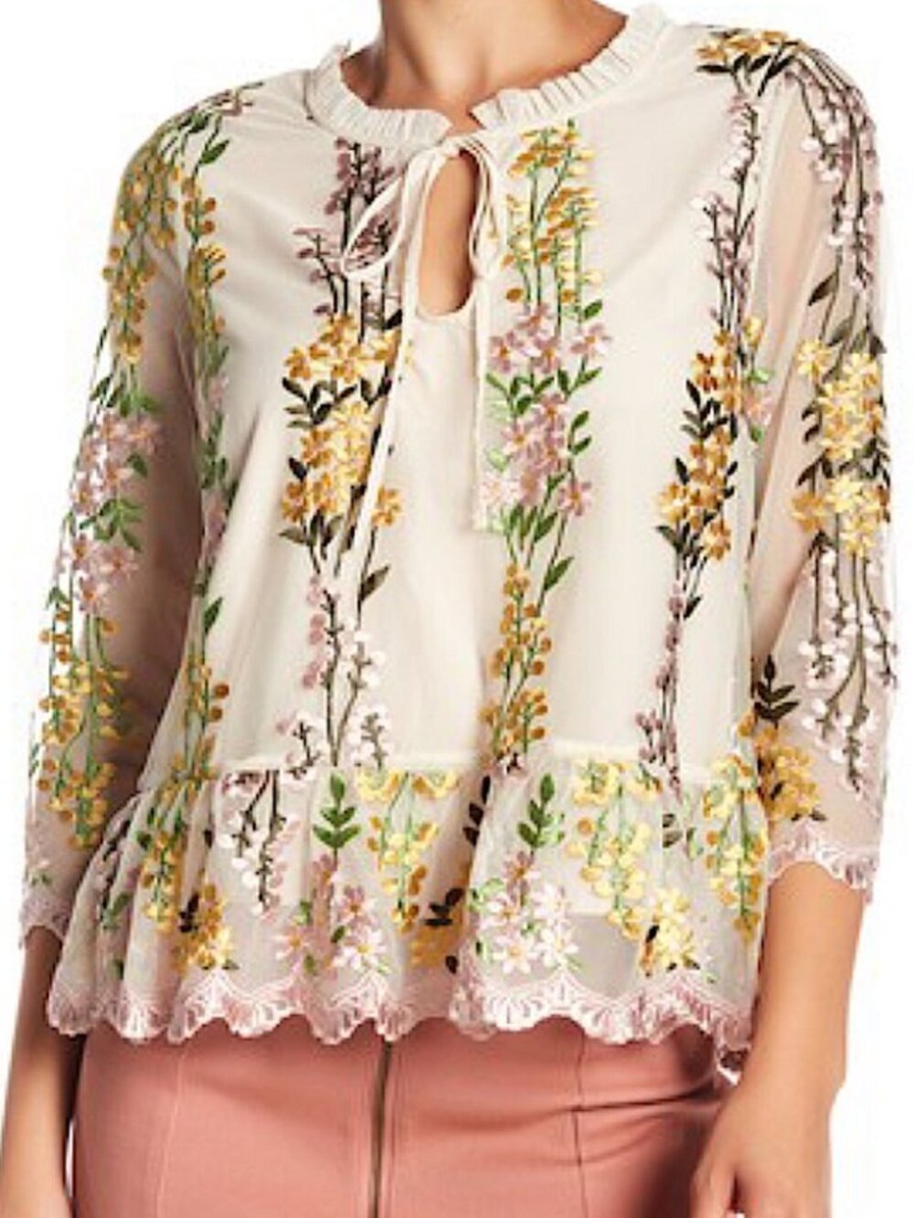Cupcakes and Cashmere Floral Beige Colorful Boho Cottagecore Embroidered Blouse